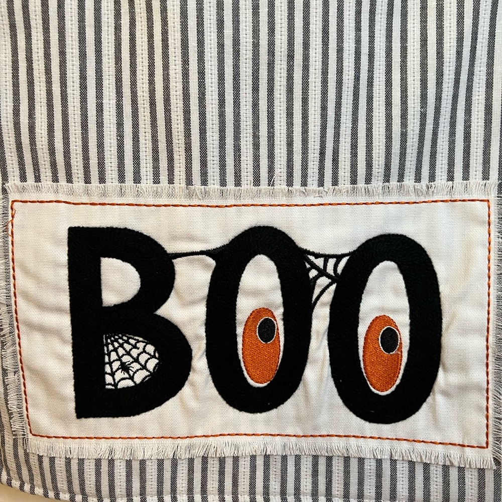 Halloween Rustic Farmhouse Striped Table Runner BOO Patch Eyeballs Webs